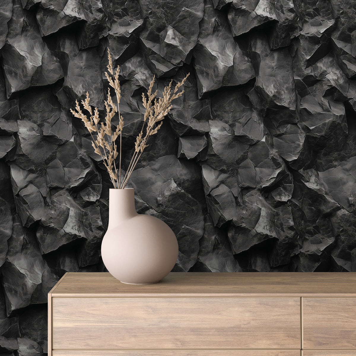 Jet Black Angular Rock Face Wallpaper Stone 0023