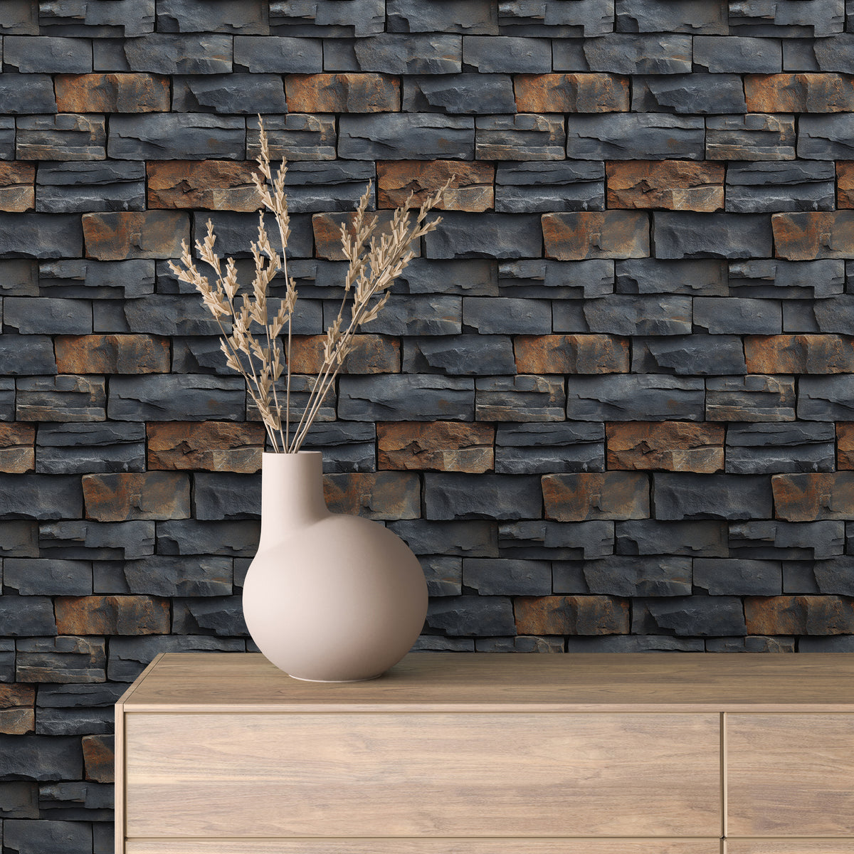 Charcoal Rust Stacked Ledgestone Wallpaper Stone 0030