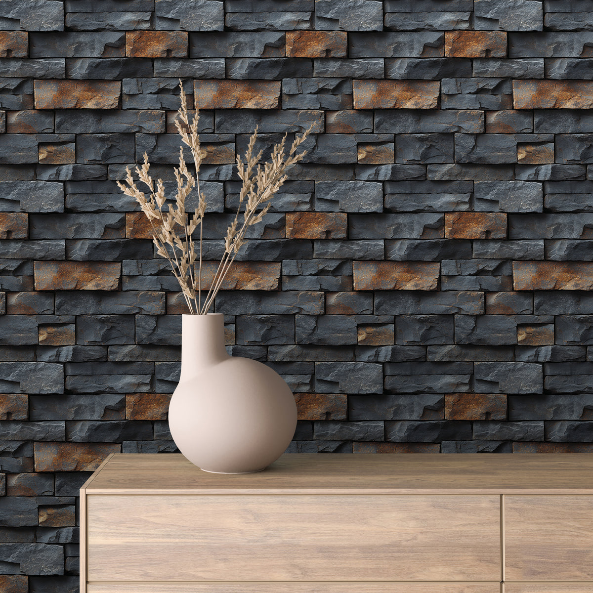 Bold Charcoal Rust Block Wallpaper Stone 0032