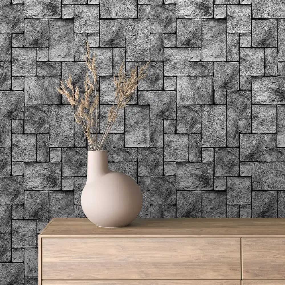 Charcoal Cobble Block Stone Peel & Stick Wallpaper – Stone 0032