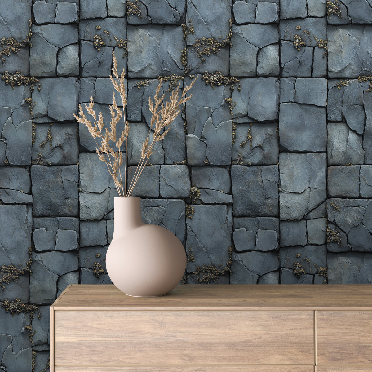 Blue-Gray Lichen Stone Block Wallpaper Stone 0036