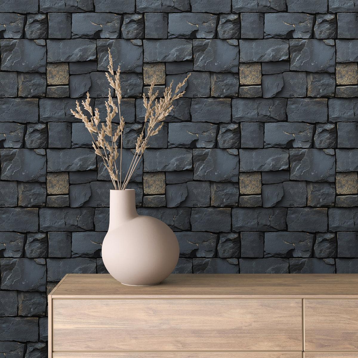 Charcoal Blue Gold-Vein Stone Block Wallpaper Stone 0037