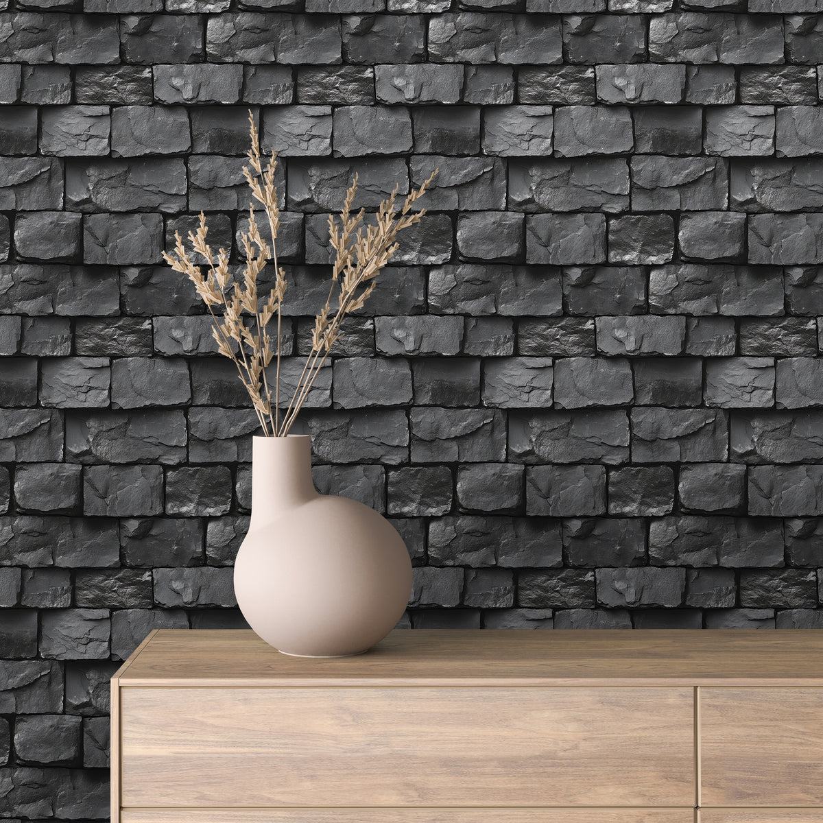 Polished Black Slate Brick Wallpaper Stone 0039