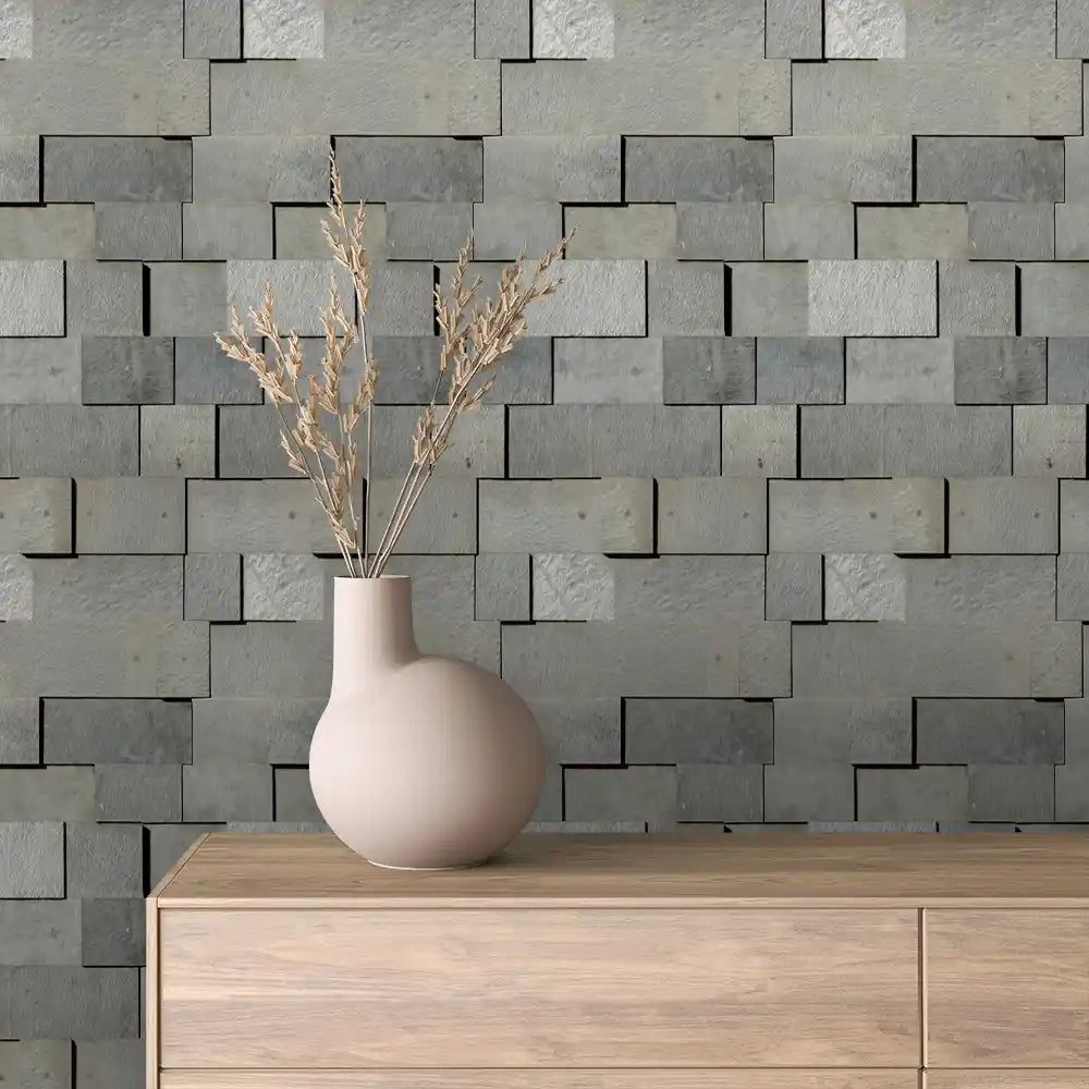 Slate Grey Offset Block Stone Peel & Stick Wallpaper – Stone 0043
