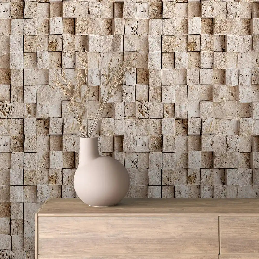 Travertine Cube Mosaic Stone Peel & Stick Wallpaper – Stone 0046