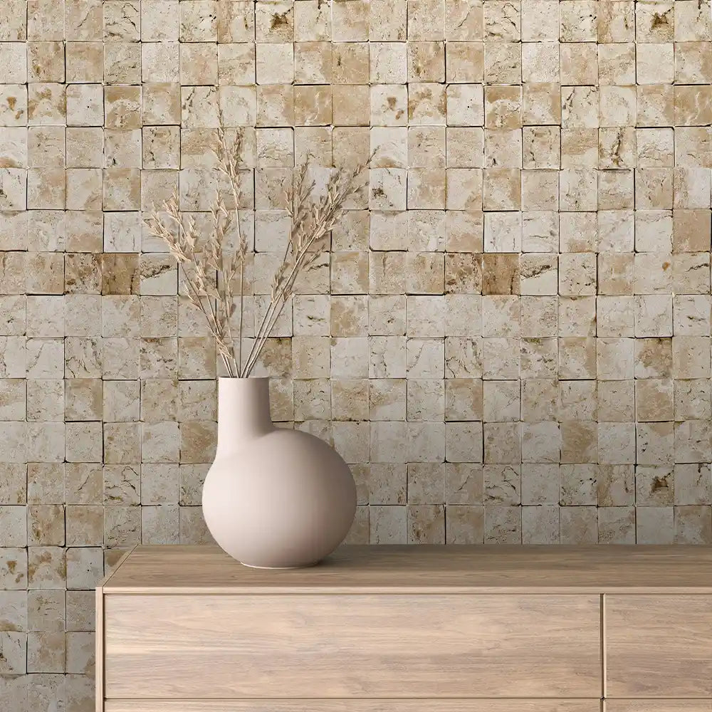 Honey Travertine Square Mosaic Stone Peel & Stick Wallpaper – Stone 0047
