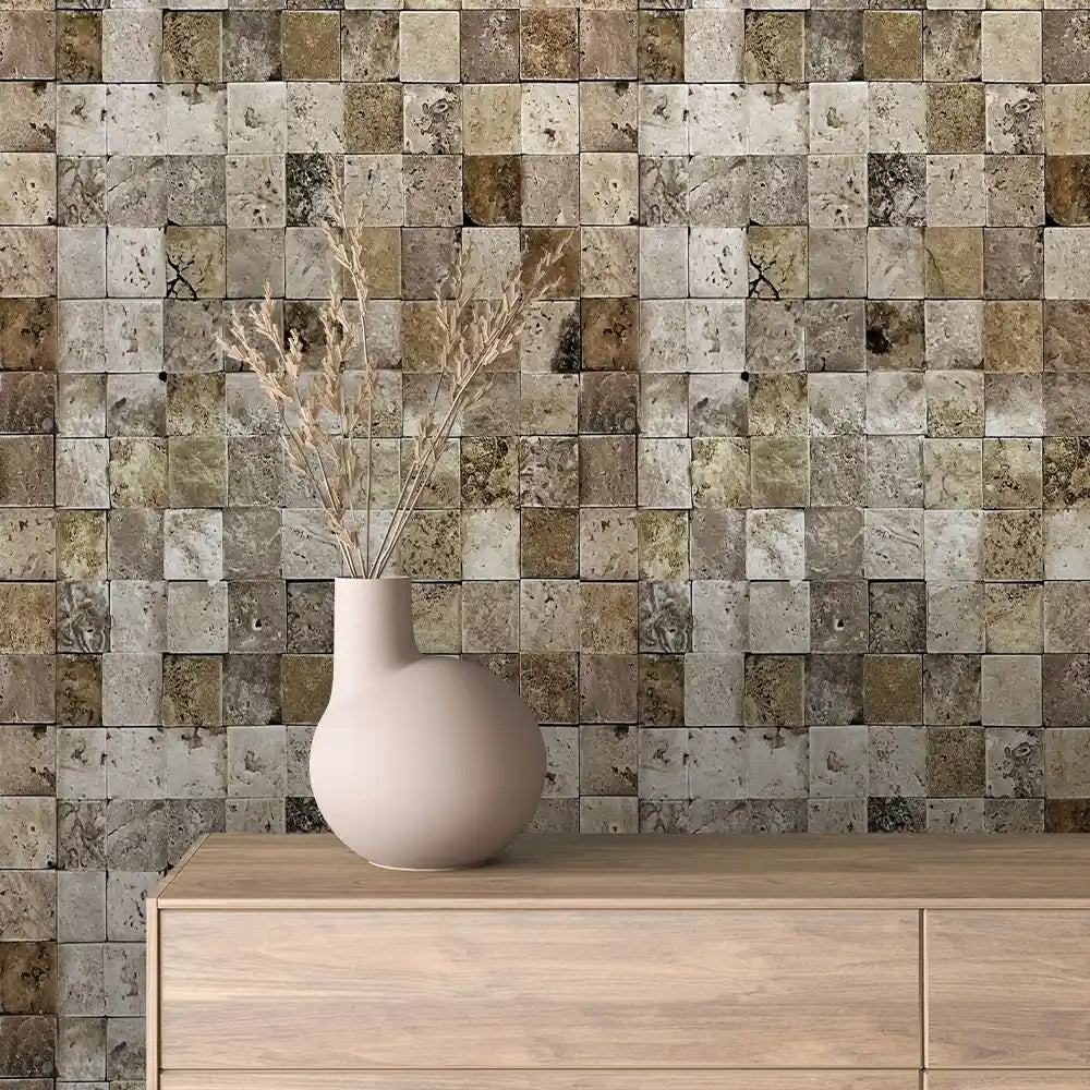 Mossy Olive Travertine Mosaic Stone Peel & Stick Wallpaper – Stone 0049
