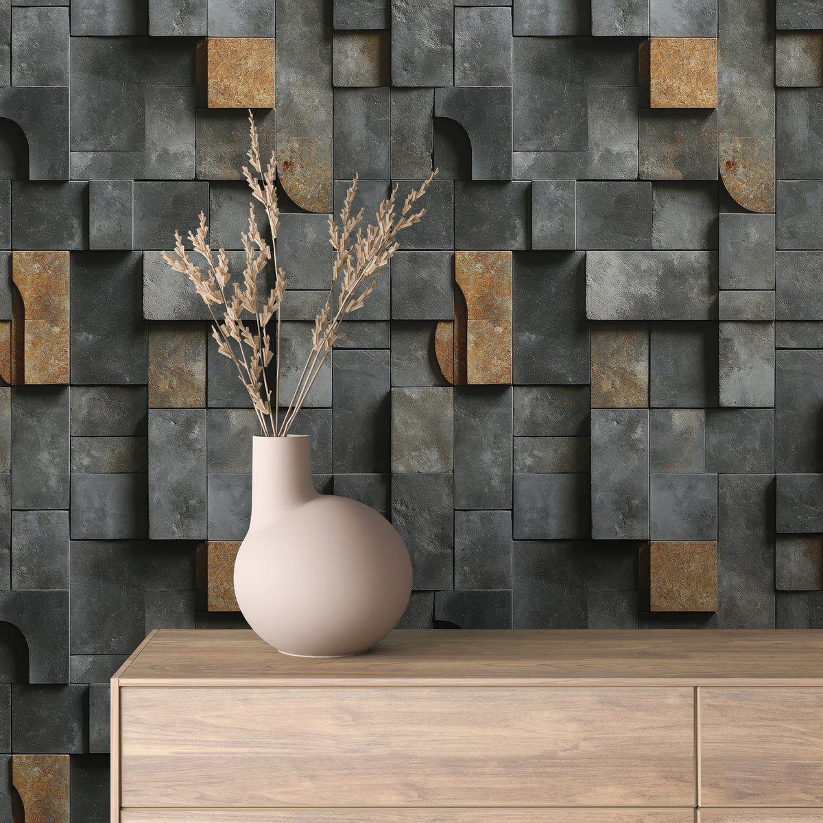 Charcoal Copper Geometric Stone Wallpaper Stone 0058