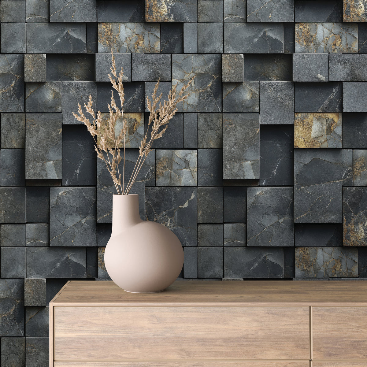 Black Marble Gold-Vein Geometric Stone Wallpaper Stone 0060