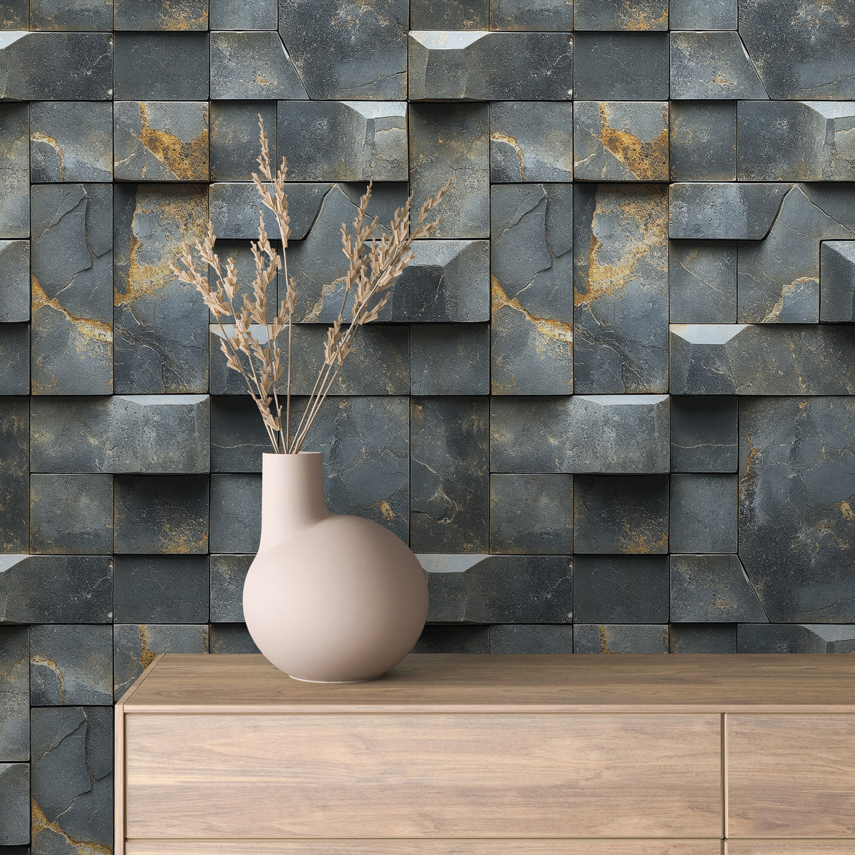 Charcoal Gold-Vein Geometric Stone Wallpaper Stone 0061
