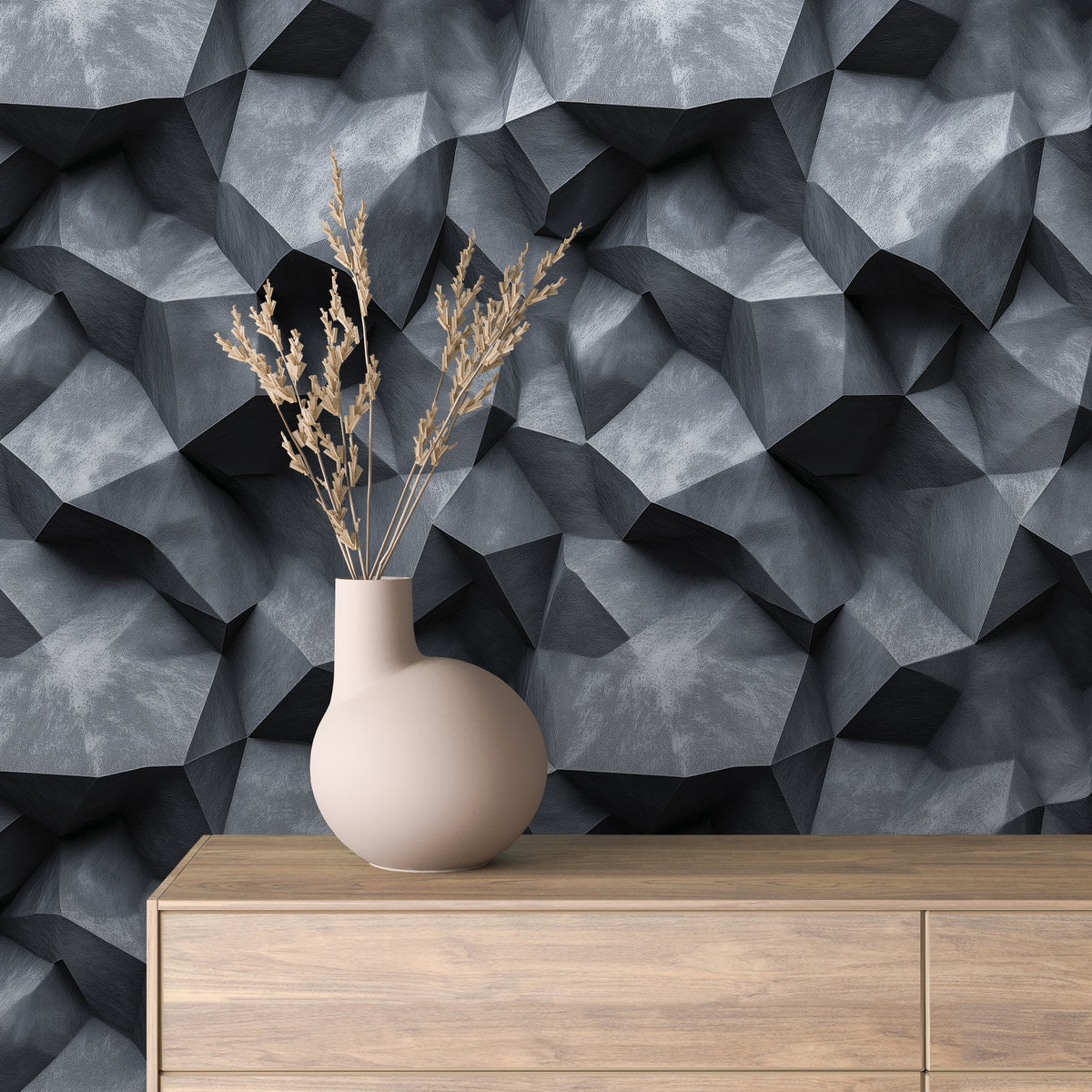 Monochrome Charcoal Faceted Stone Wallpaper Stone 0063