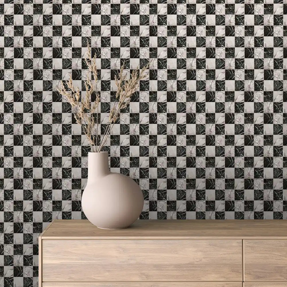 Black White Marble Checkerboard Stone Peel & Stick Wallpaper – Stone 0066