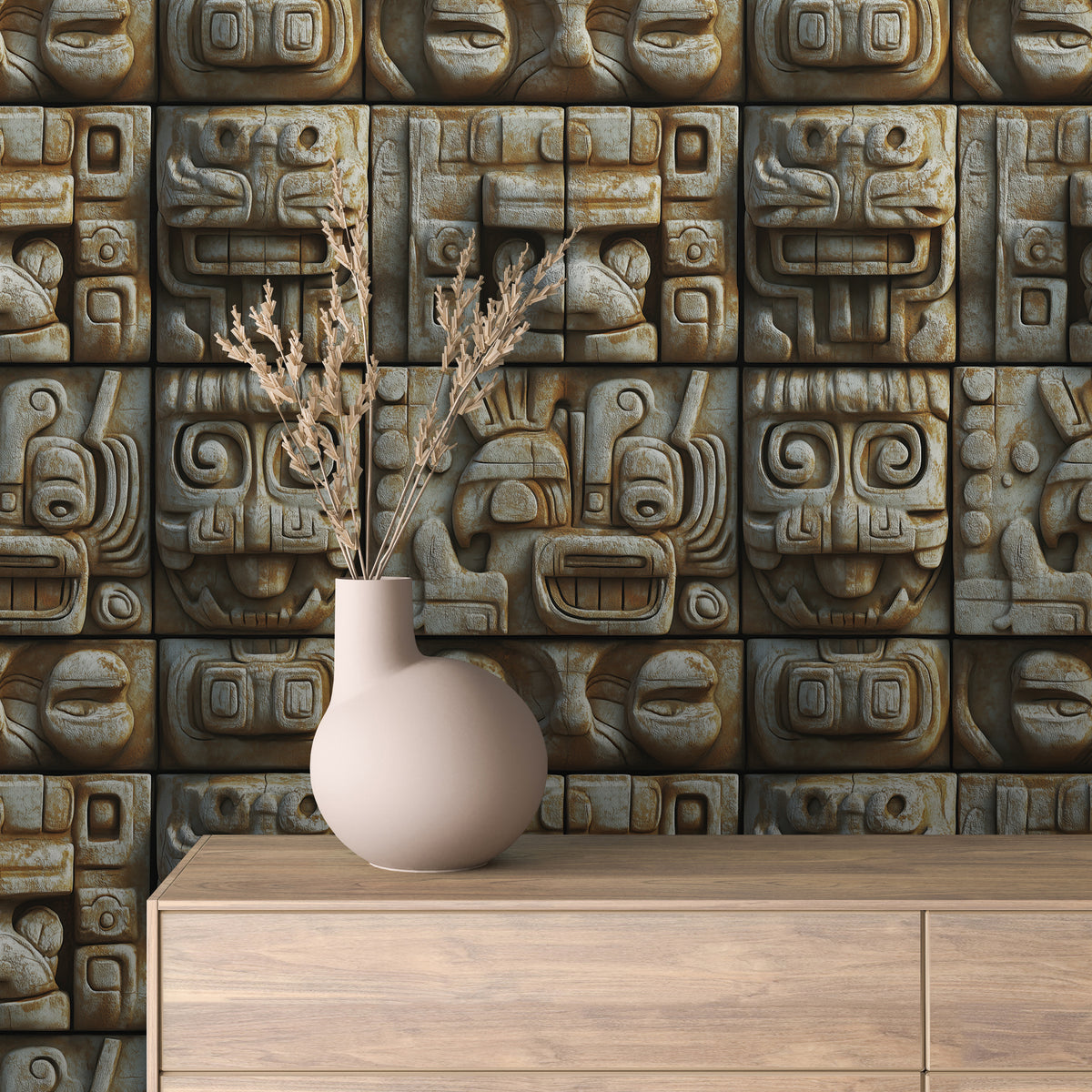 Carved Tribal Tiki Mask Relief Wallpaper Stone 0067