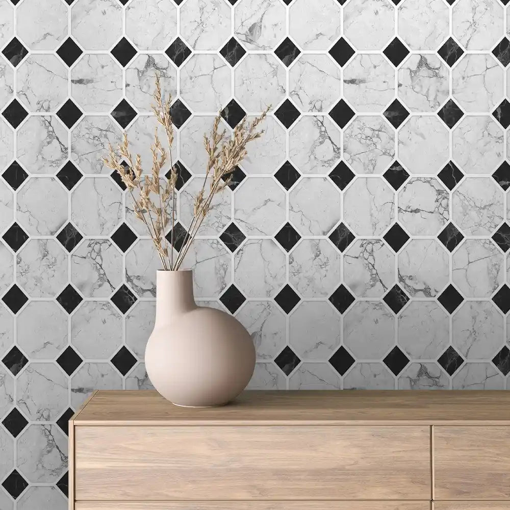 White Marble Octagon Dot Stone Peel & Stick Wallpaper – Stone 0067
