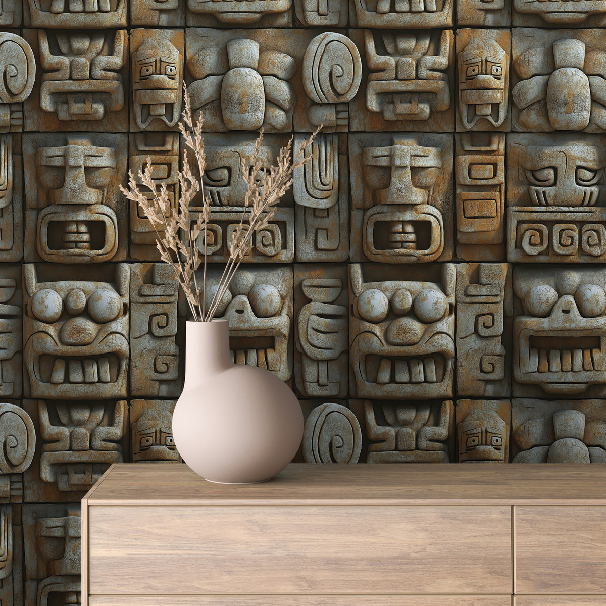 Carved Mayan Glyph Relief Wallpaper Stone 0069