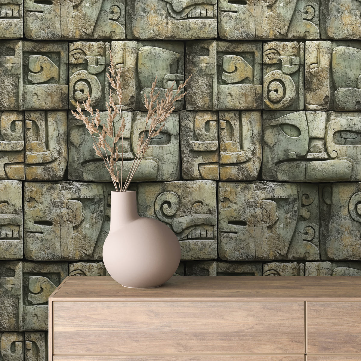 Weathered Green Mayan Stone Relief Wallpaper Stone 0070