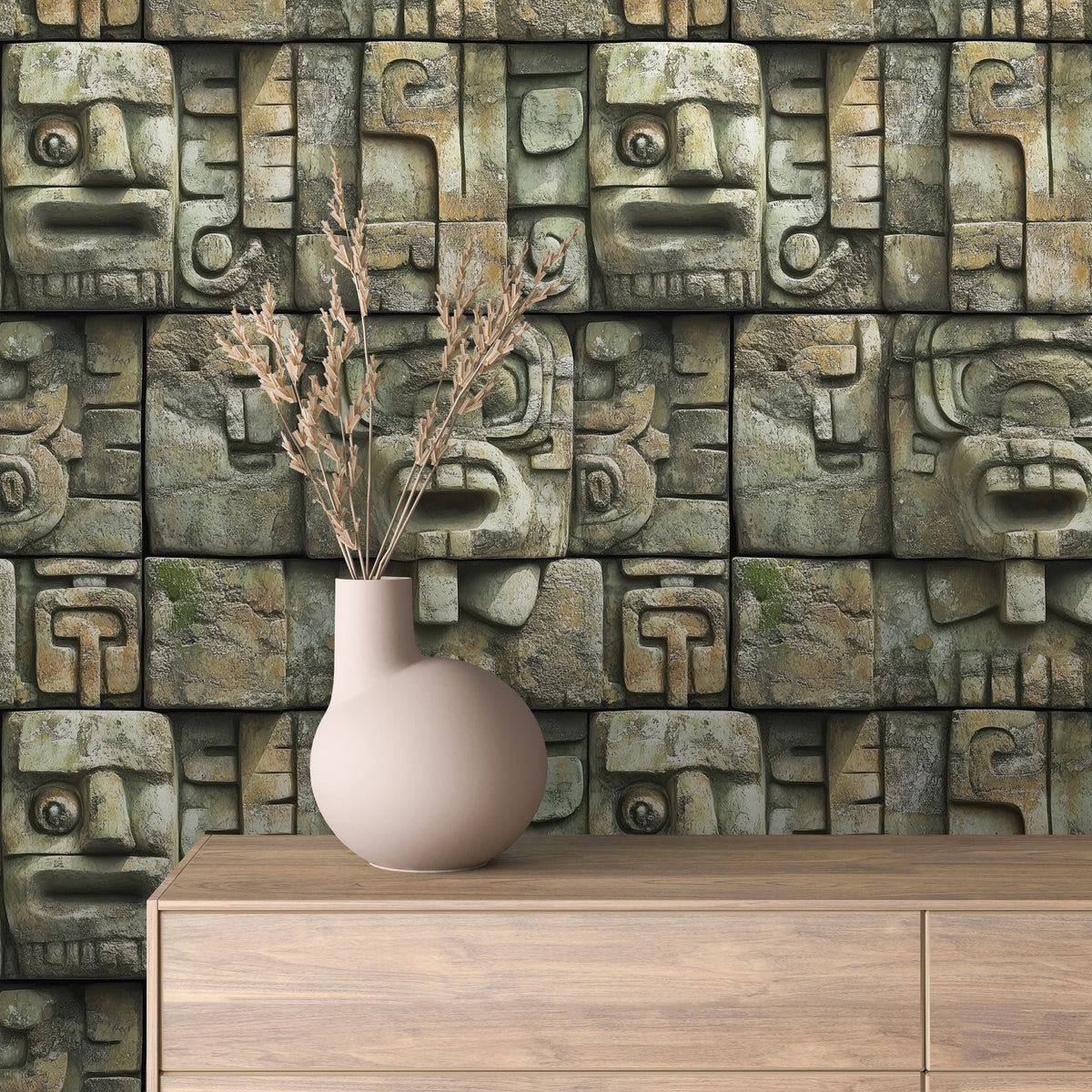 Moss Mayan Sun-Face Relief Wallpaper Stone 0071