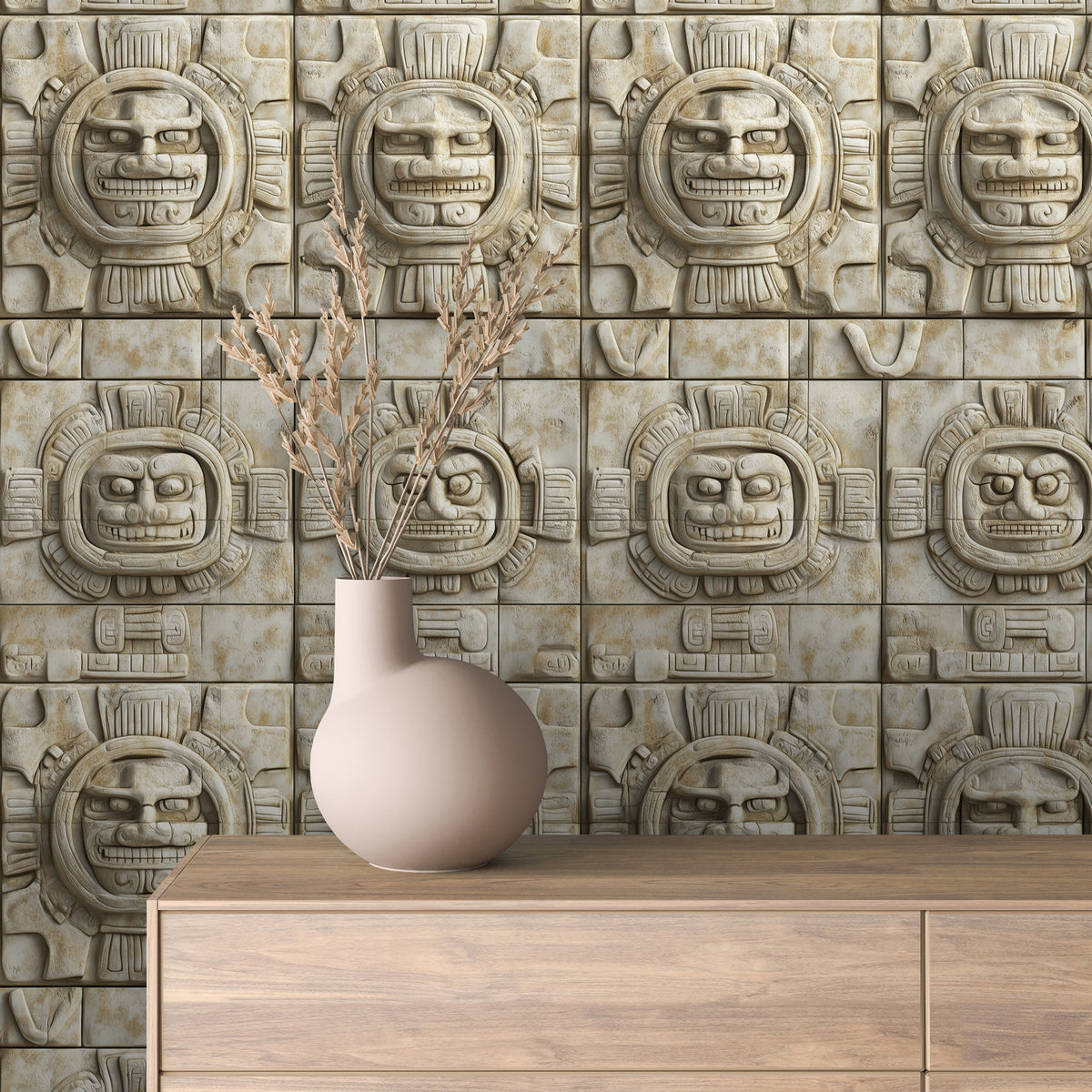 Cream Aztec Sun-Face Medallion Relief Wallpaper Stone 0072