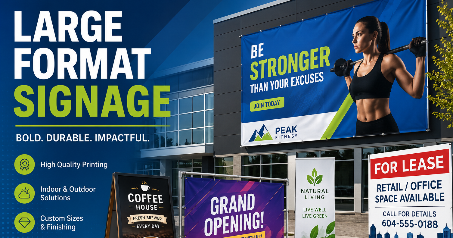 Promotional graphic showing multiple large format outdoor and indoor signage examples in front of a modern building, including a billboard, A-frame sign, roll-up sign, and freestanding lease sign.