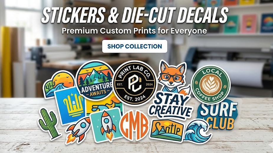 Collection of colorful stickers and die-cut decals on a wooden surface with a blurred office background.