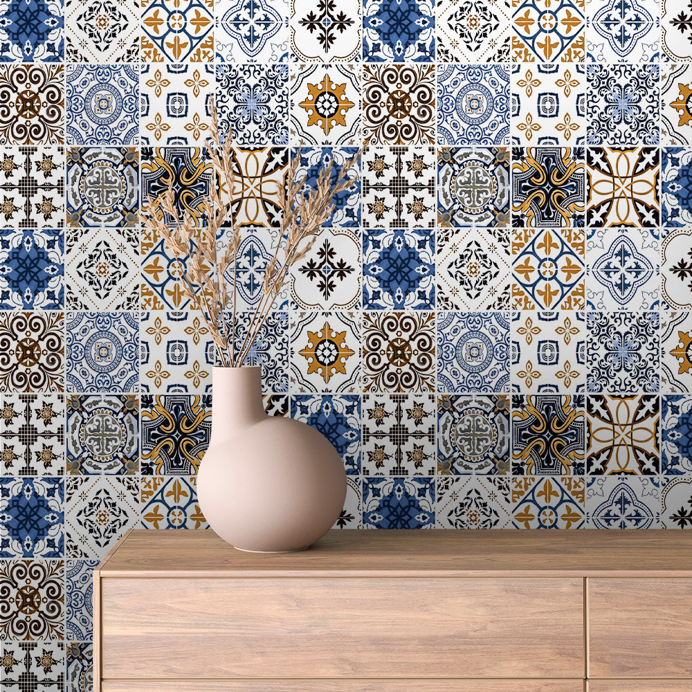 Indigo and Gold Moorish Tile Peel & Stick Wallpaper – Tile 0006