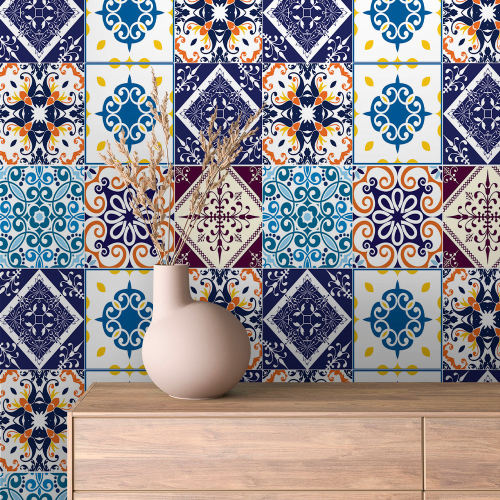 Bold Navy and Amber Talavera Tile Peel & Stick Wallpaper – Tile 0007