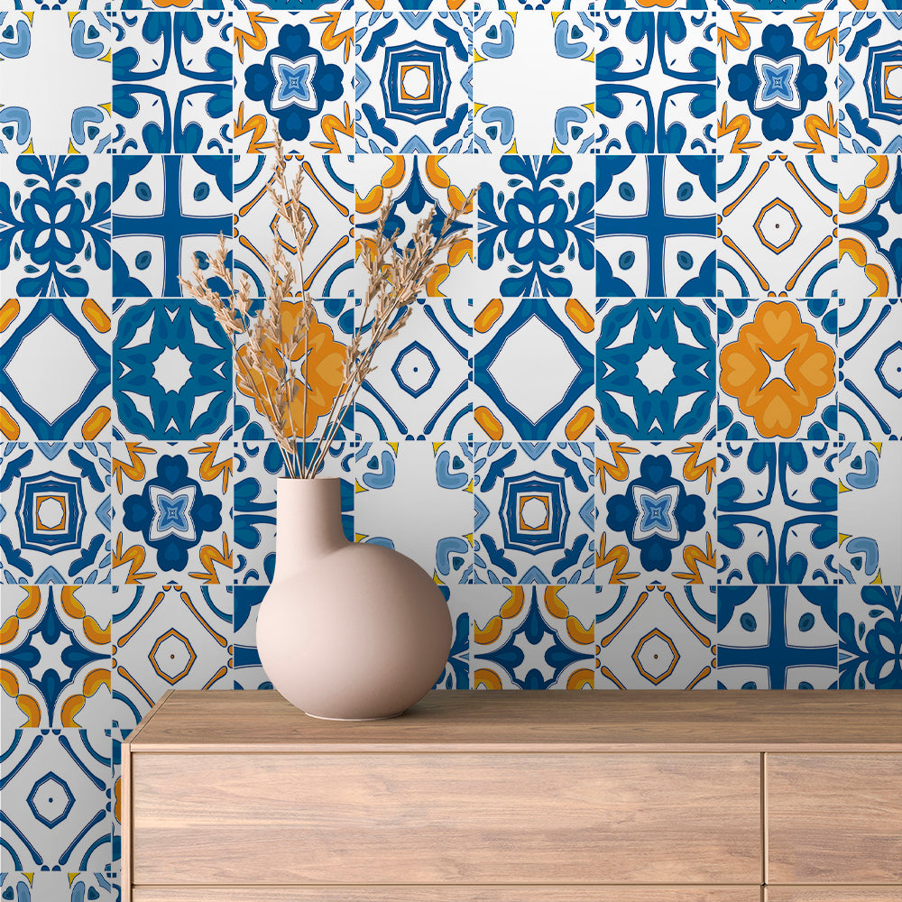 Simple Blue and Saffron Tile Peel & Stick Wallpaper – Tile 0013