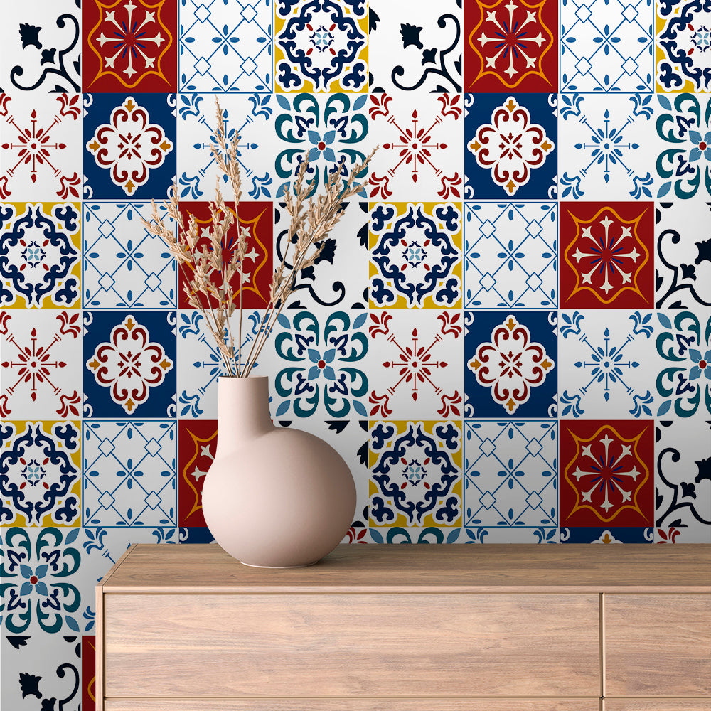 Crisp Navy and Crimson Tile Peel & Stick Wallpaper – Tile 0017