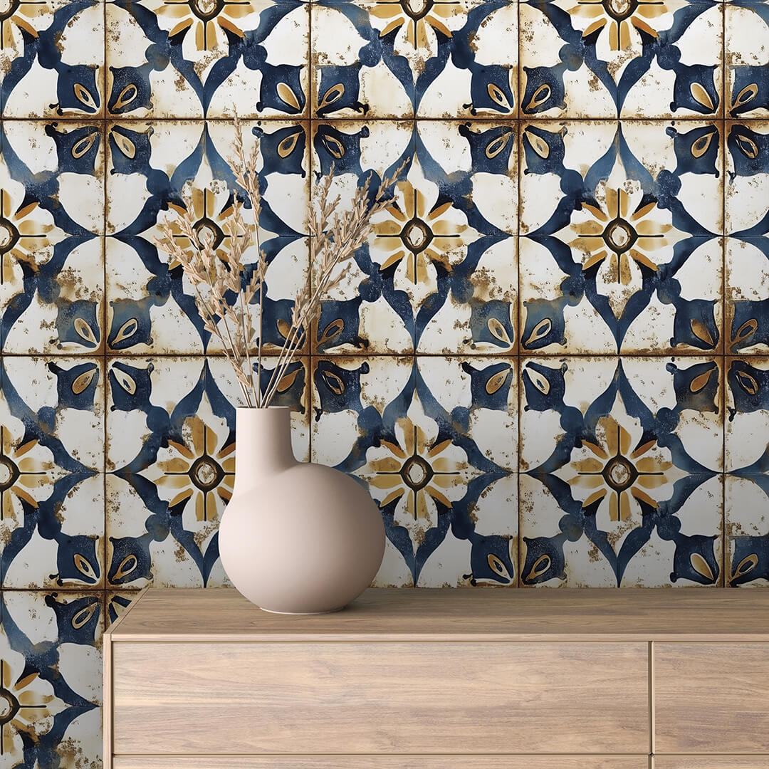 Indigo Sunburst Tile Wallpaper mockup