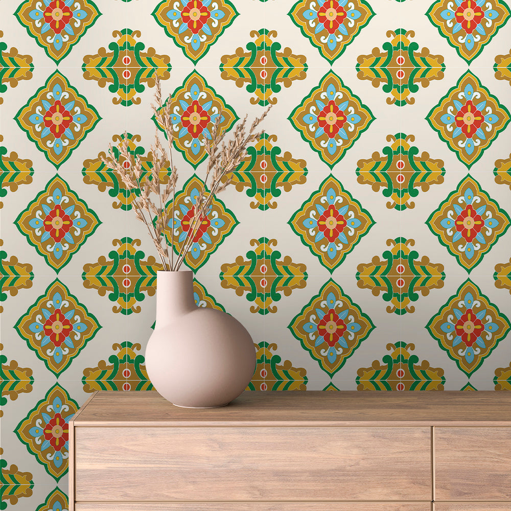 Gold and Green Maltese Medallion Tile Peel & Stick Wallpaper – Tile 0021
