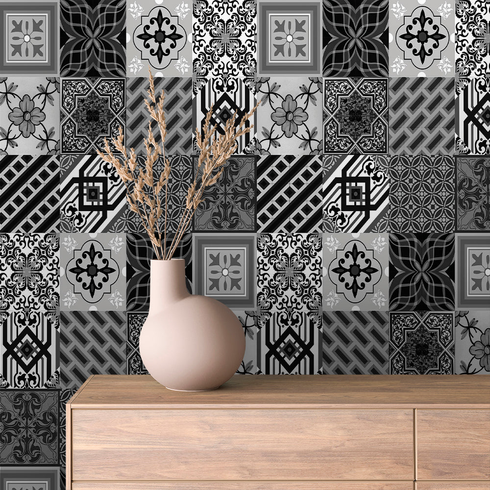 Greyscale Damask Patchwork Tile Peel & Stick Wallpaper – Tile 0023