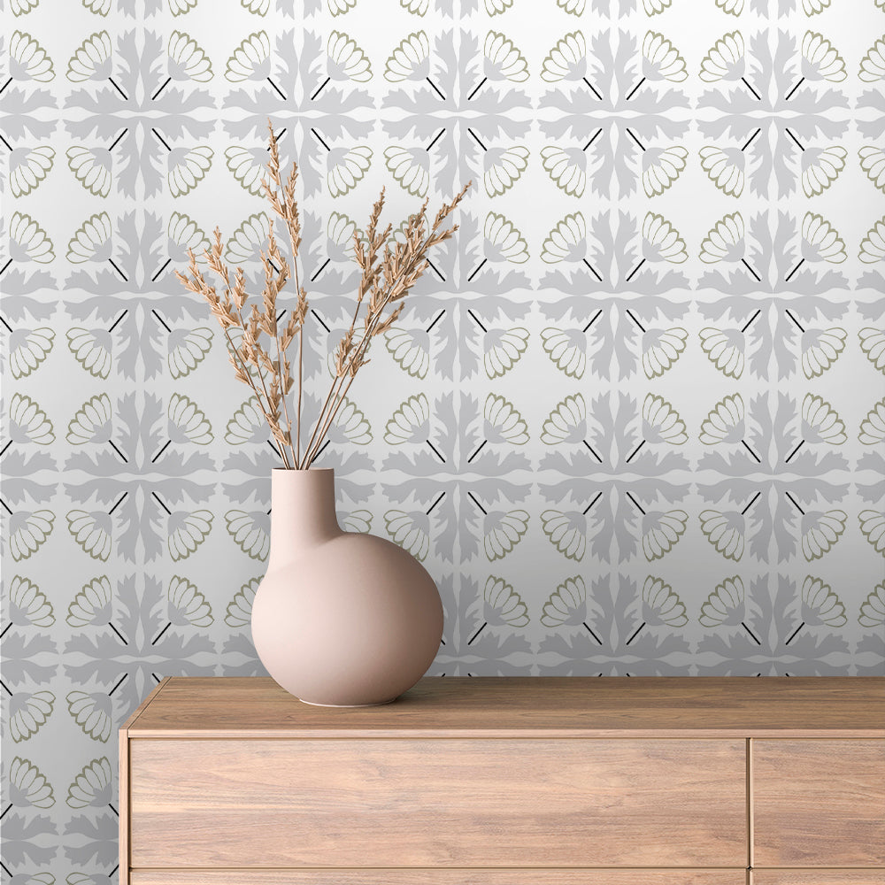 Soft Grey Fan Leaf Tile Peel & Stick Wallpaper – Tile 0025