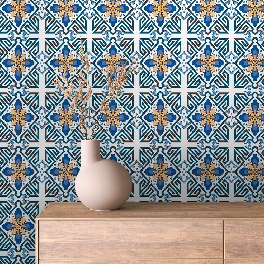 Teal Greek Key Bloom Tile Peel & Stick Wallpaper – Tile 0028