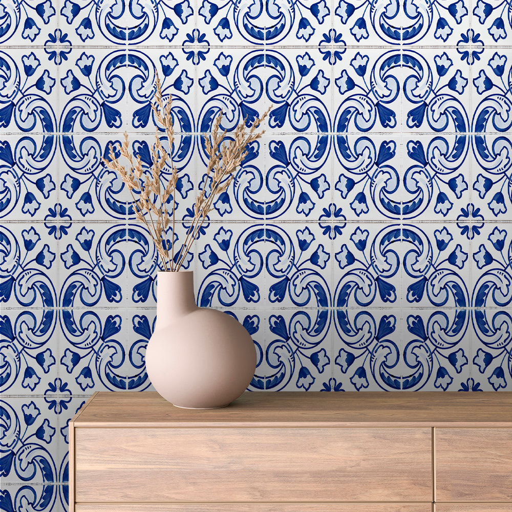 Cobalt Tulip Scroll Tile Peel & Stick Wallpaper – Tile 0029