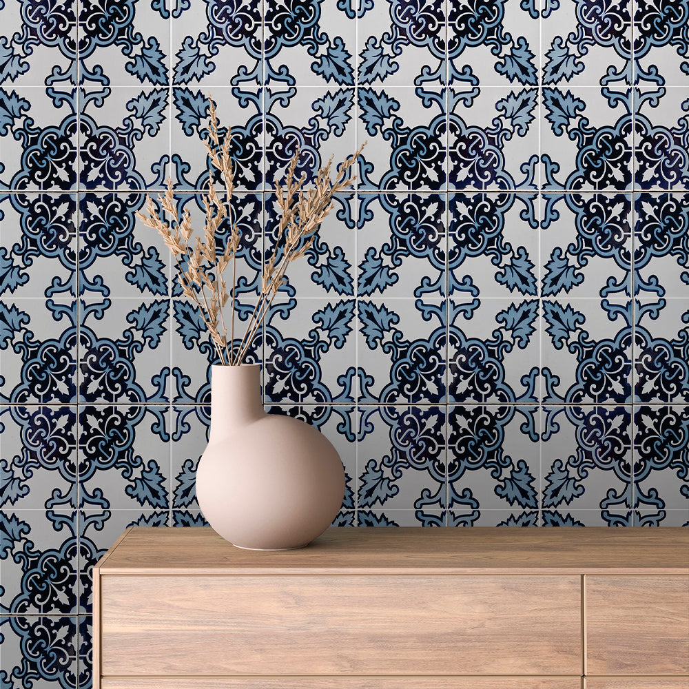 Indigo Leaf Scrollwork Tile Peel & Stick Wallpaper – Tile 0032