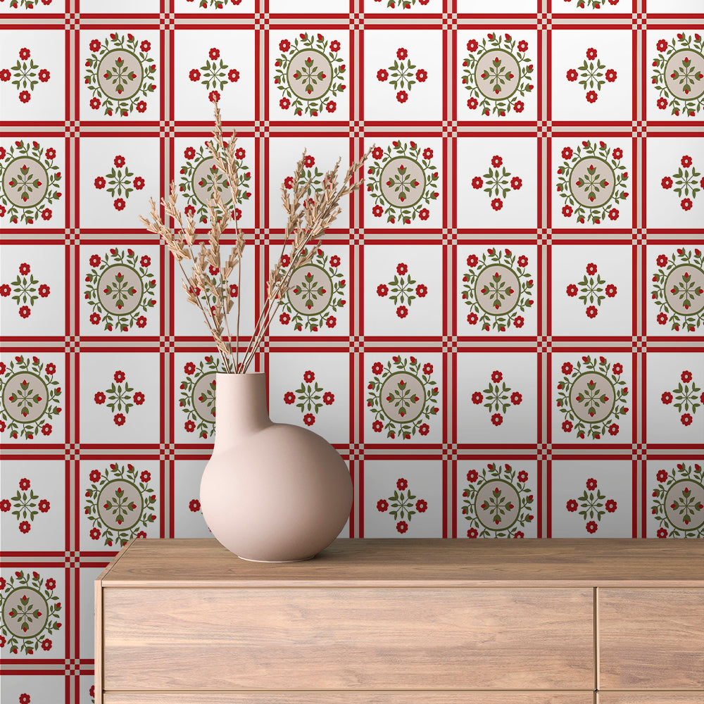 Red Grid Folk Floral Tile Peel & Stick Wallpaper – Tile 0038