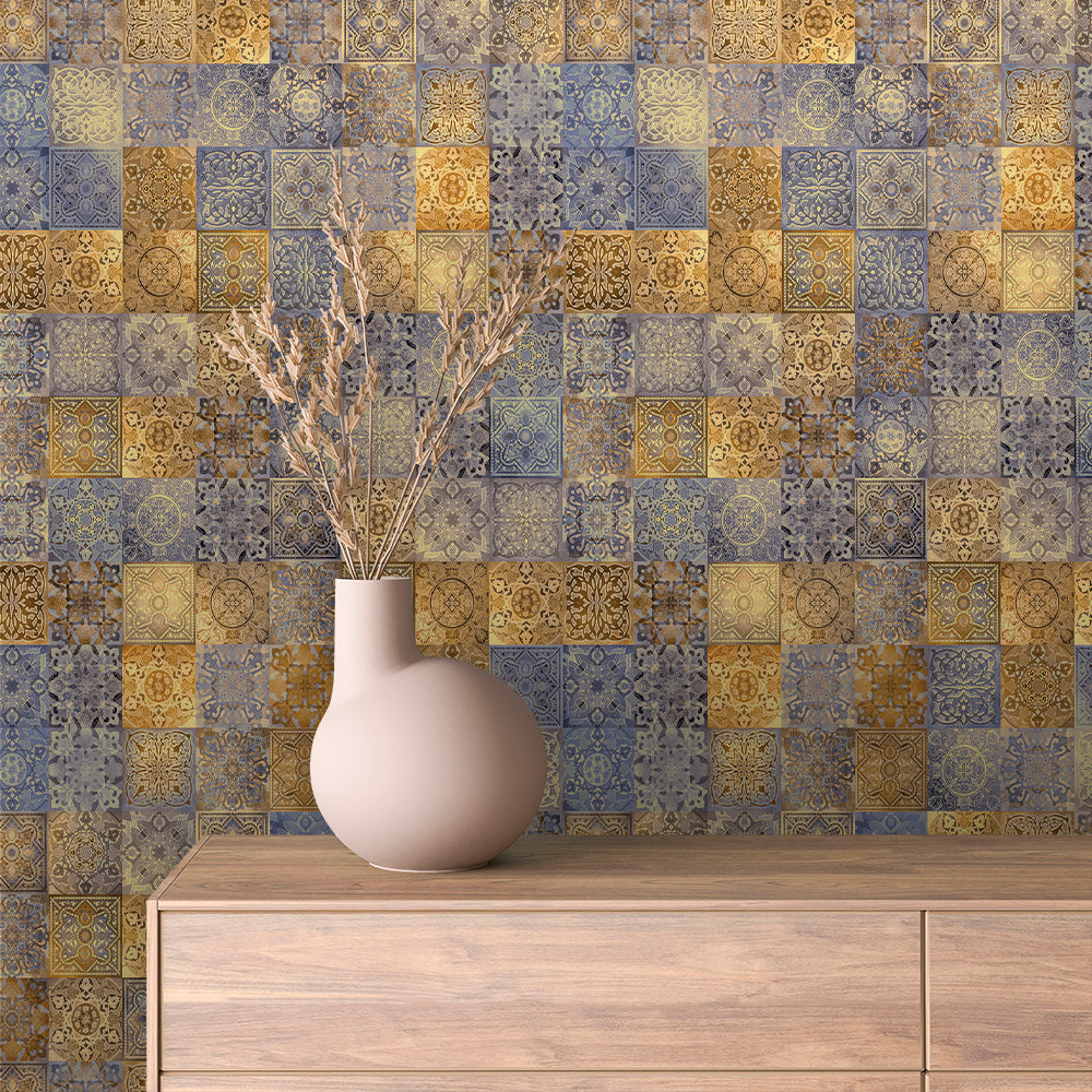 Antique Gold and Indigo Mosaic Tile Peel & Stick Wallpaper – Tile 0045