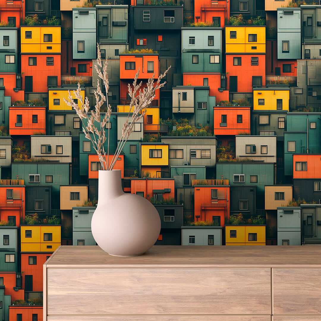 Soft Teal Terrace Houses Peel & Stick Wallpaper – Urban 0005