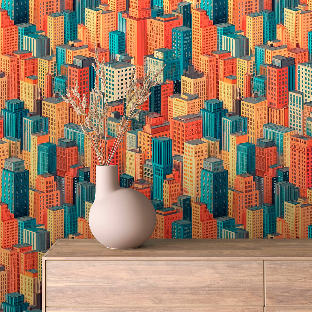 Retro Skyline Orange Teal Peel & Stick Wallpaper – Urban 0009