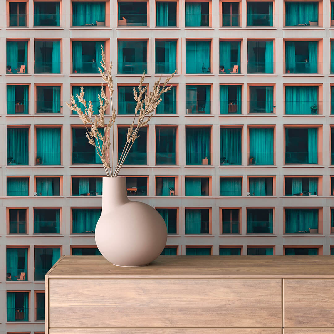 Teal Curtain Window Facade Peel & Stick Wallpaper – Urban 0012