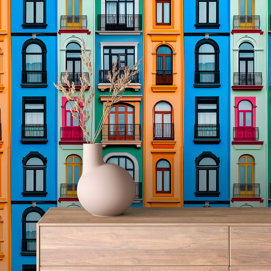 Colorful Balcony Townhouses Peel & Stick Wallpaper – Urban 0014