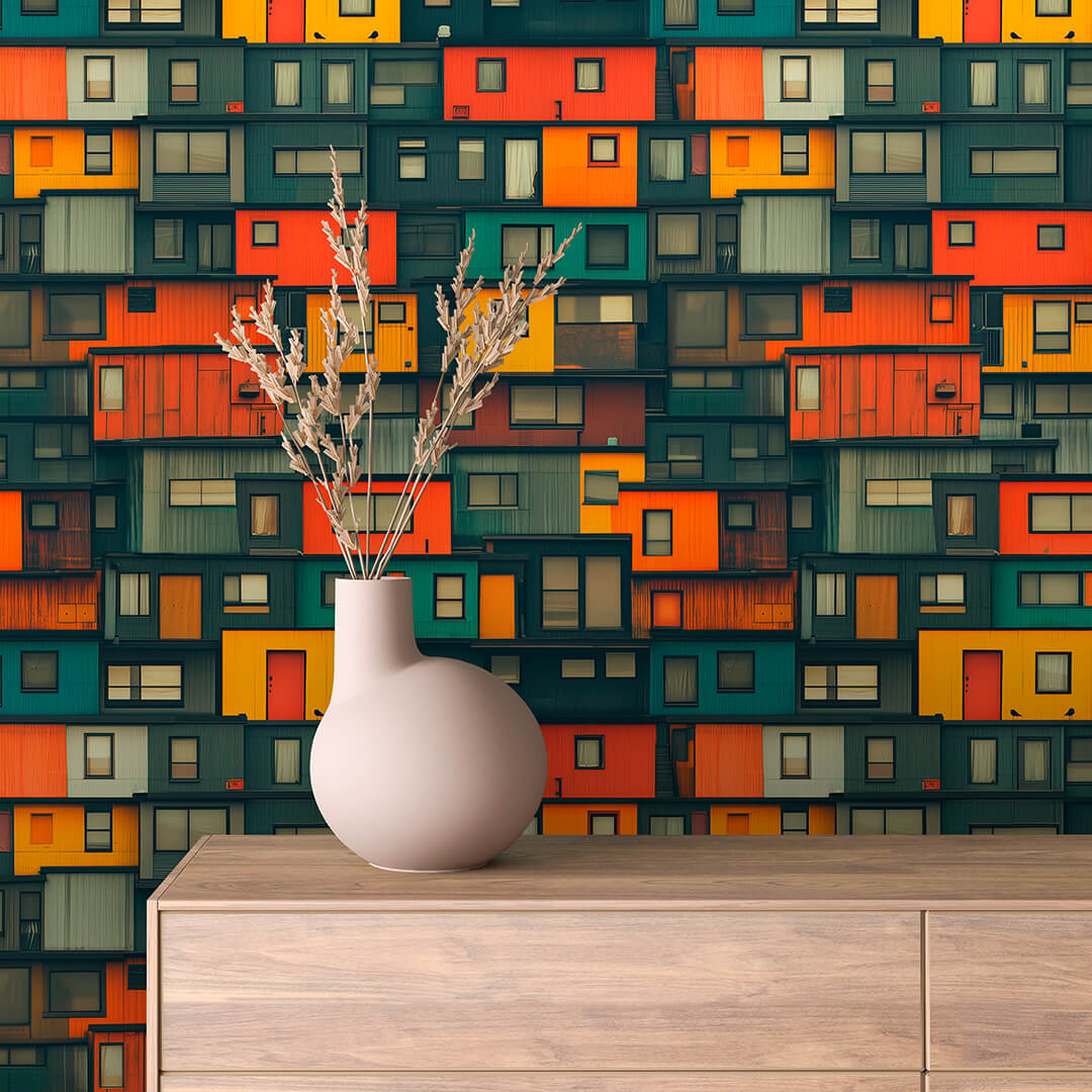 Rainbow Curtain Stacked Homes Peel & Stick Wallpaper – Urban 0018