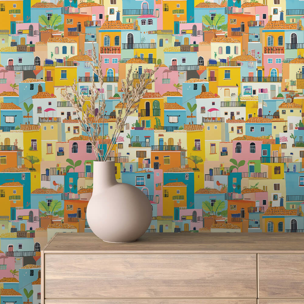 Pastel Mediterranean Hillside Village Peel & Stick Wallpaper – Urban 0023