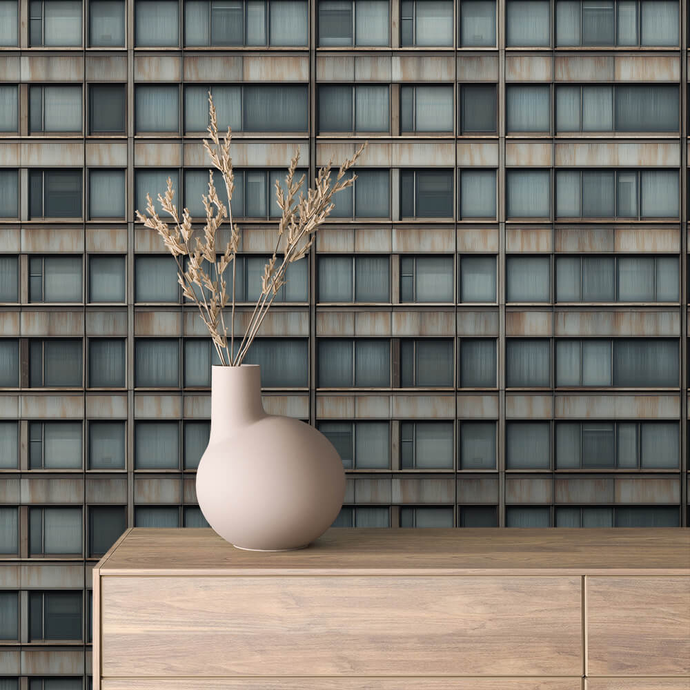 Rusted Steel Blue Window Grid Peel & Stick Wallpaper – Urban 0028