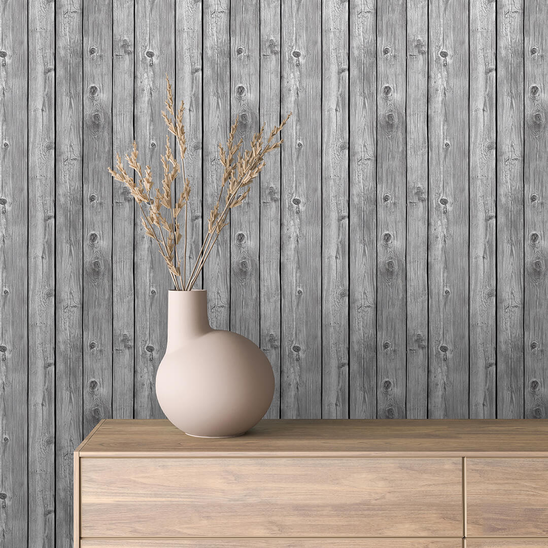 Weathered Grey Wood Plank Wallpaper mockup