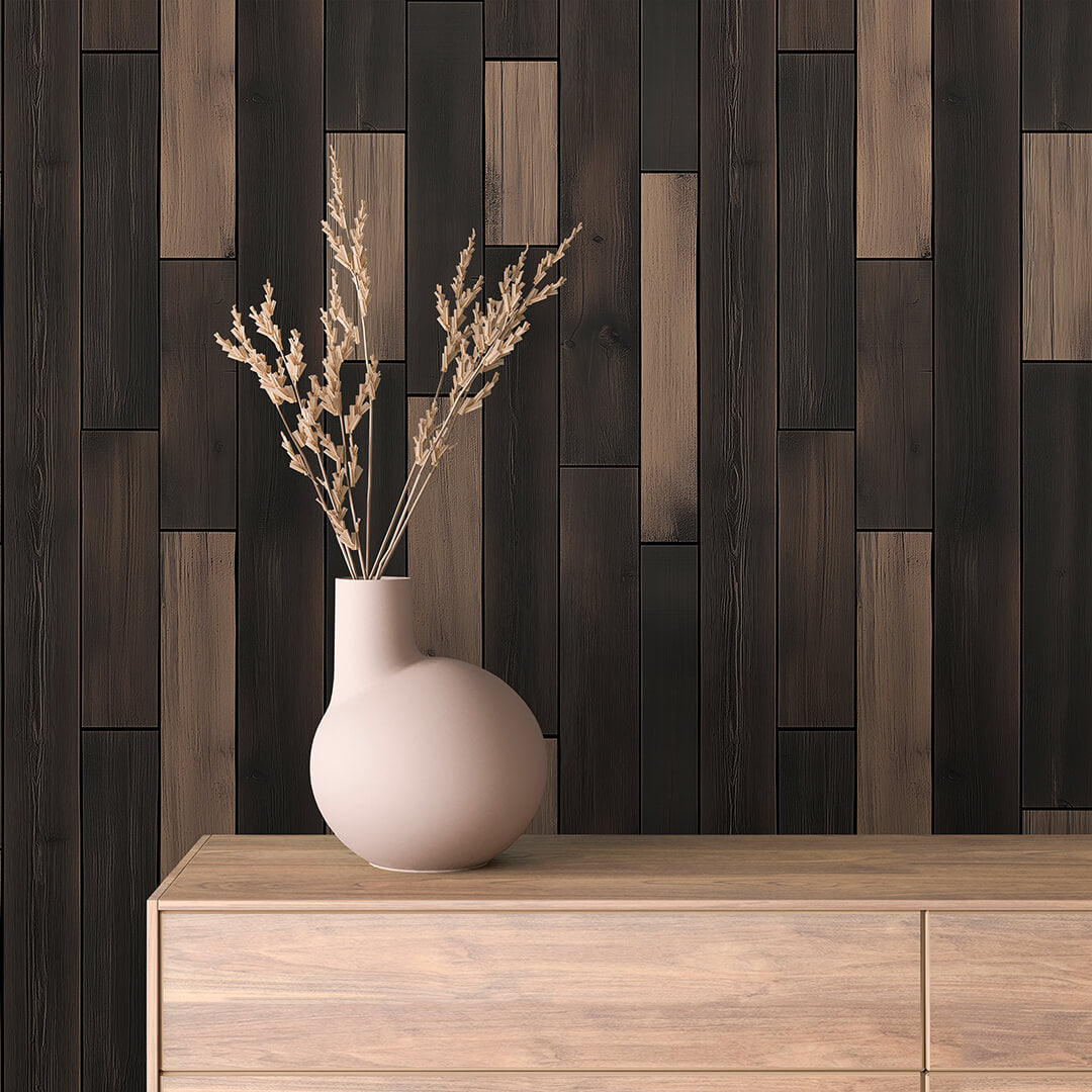 Ebony Wood Plank Wallpaper mockup
