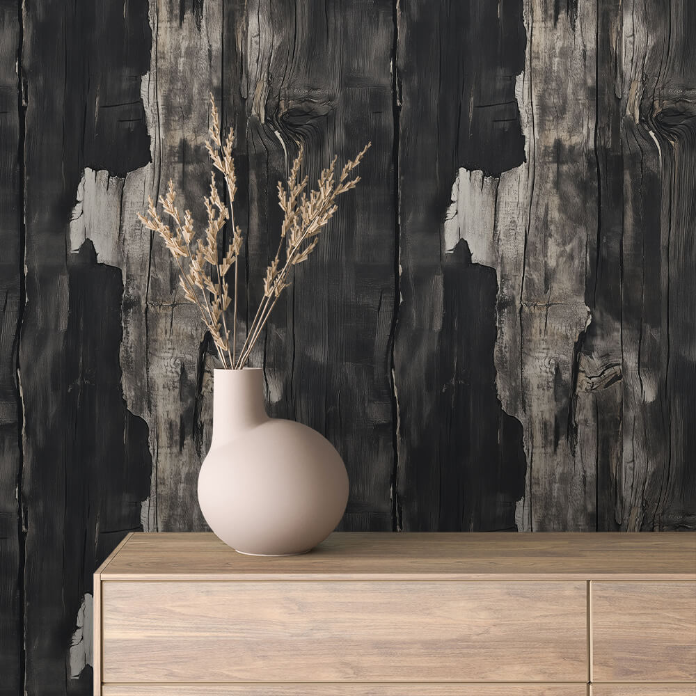 Weathered Charred Wood Wallpaper mockup