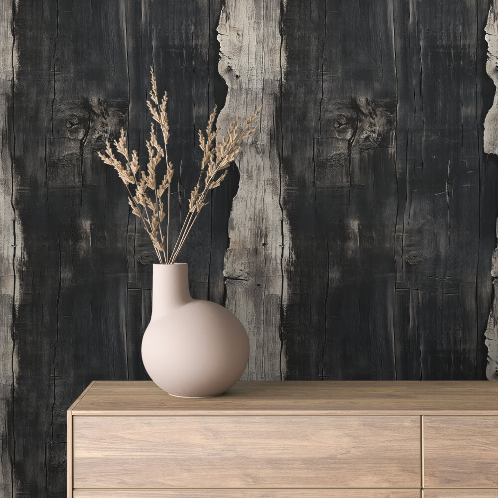 Distressed Charred Wood Wallpaper mockup