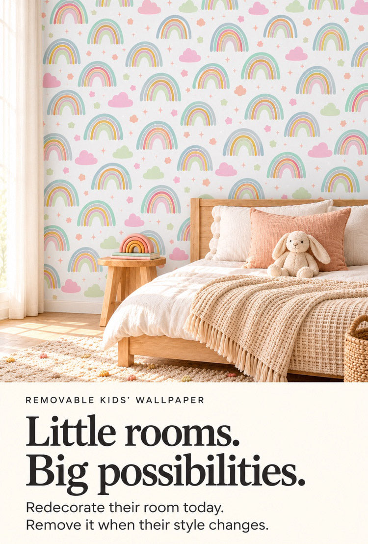 Rainbow and cloud peel-and-stick kids' wallpaper in a child's bedroom with a plush bunny