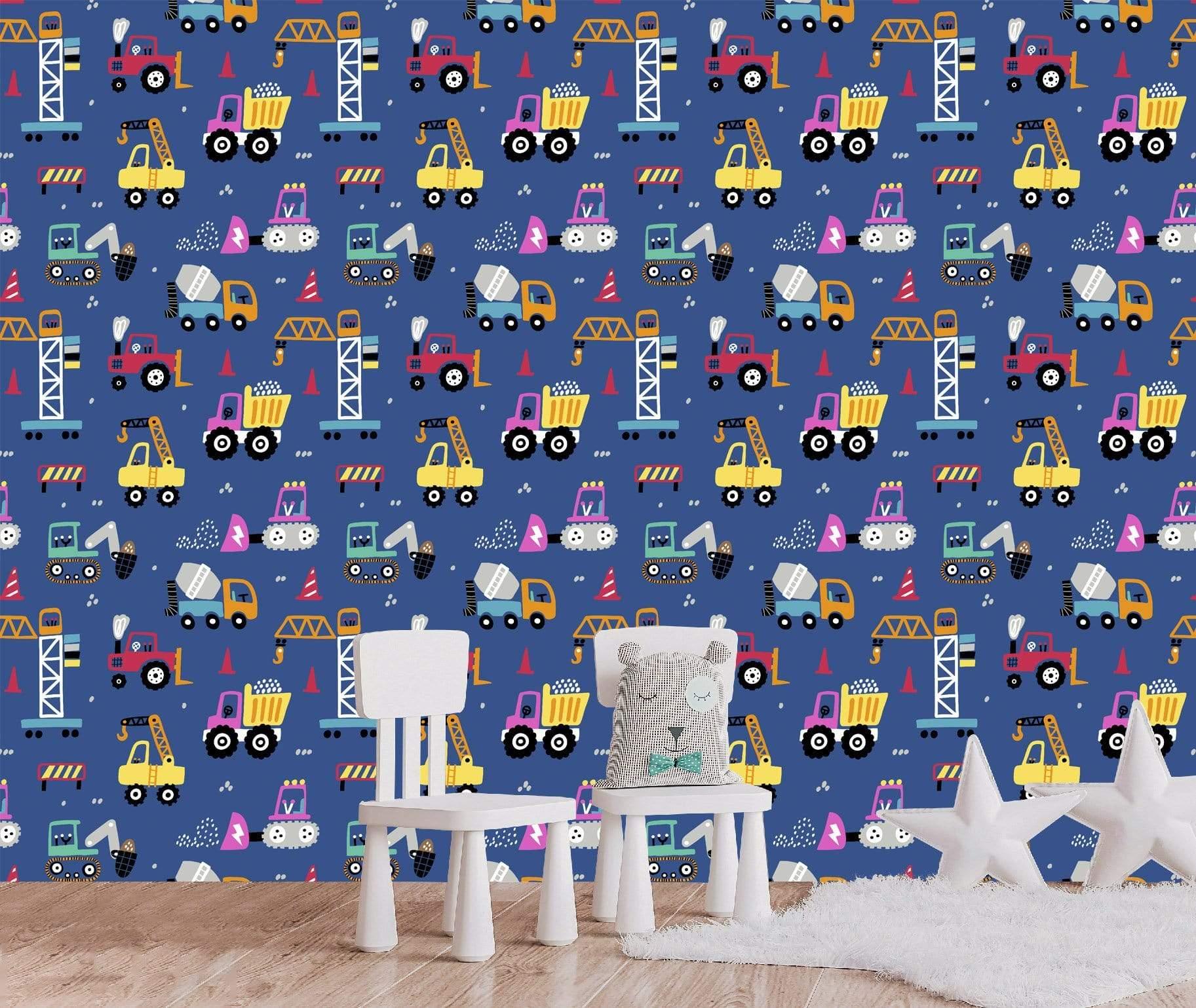 Blue Seamless pattern wallpaper with Construction Trucks: 28" Rolls